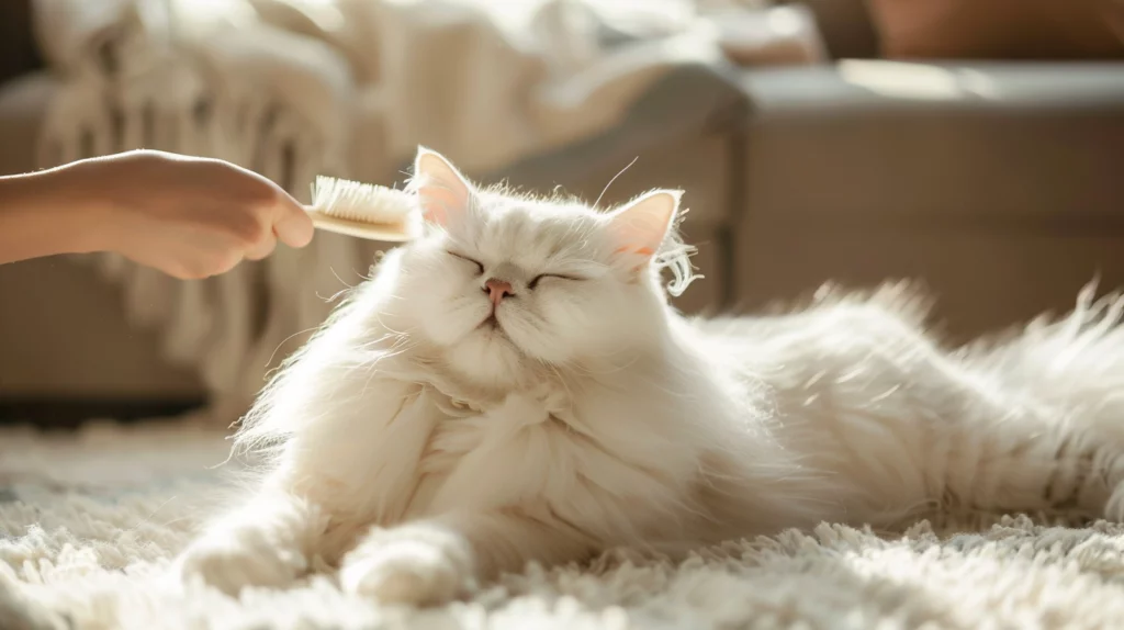 A Fluffy Cat Breeds with thick fur, brushing session by the owner in a cozy living room.