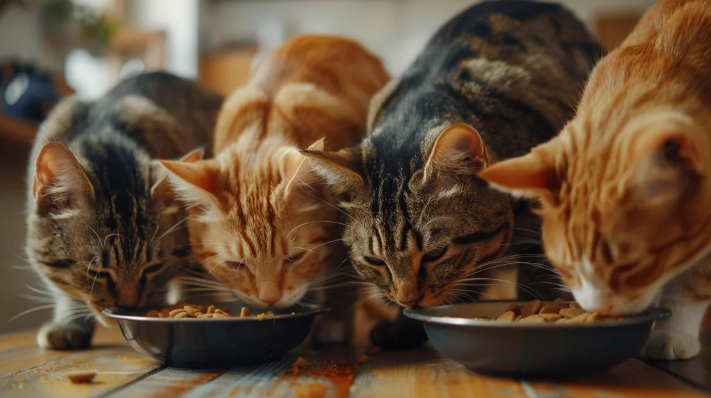 A group of cats hungrily eating from their shared food bowl.