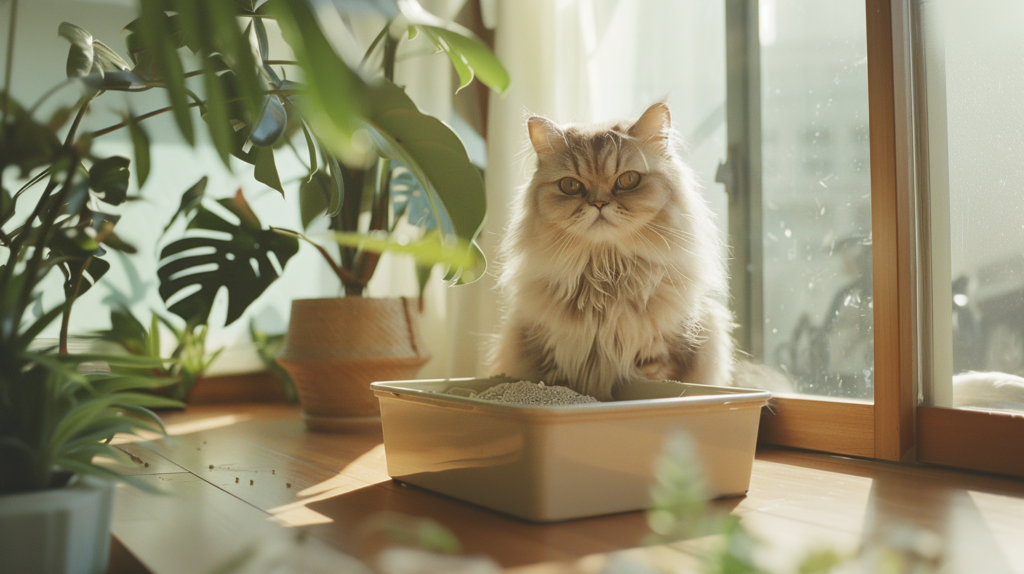 Persian Cat Using Cat Litter Box