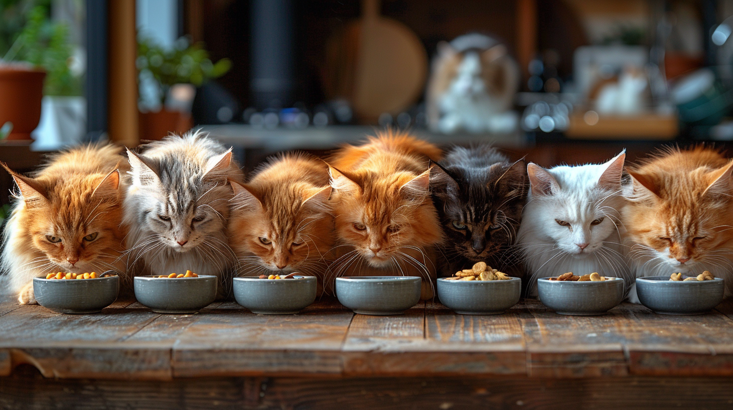 Step-by-step guide on how to transition cat food with a cat curiously sniffing new food