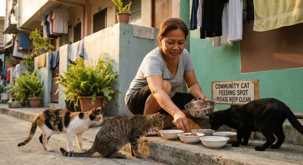 Filipino Community Member Feeding Managed Puspin Cat Colony